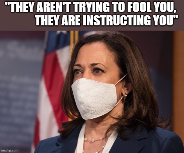 Kamala Harris wearing a mask | "THEY AREN'T TRYING TO FOOL YOU,                THEY ARE INSTRUCTING YOU" | image tagged in kamala harris wearing a mask | made w/ Imgflip meme maker