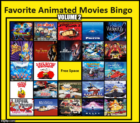 favorite animated movies bingo volume 2 | image tagged in favorite animated movies bingo volume 2,cinema,peanuts,favorites,studio ghibli,bingo | made w/ Imgflip meme maker