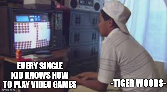 memes by Brad - Every kid knows how to play video games - Tiger Woods - | EVERY SINGLE KID KNOWS HOW TO PLAY VIDEO GAMES; -TIGER WOODS- | image tagged in funny,gaming,tiger woods,video games,computer games,humor | made w/ Imgflip meme maker