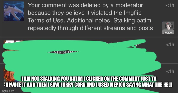 @Batim1234567890 I am not stalking you | I AM NOT STALKING YOU BATIM I CLICKED ON THE COMMENT JUST TO UPVOTE IT AND THEN I SAW FURRY CORN AND I USED MEPIOS SAYING WHAT THE HELL | made w/ Imgflip meme maker