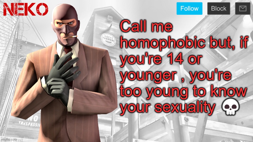 Neko Spy template | Call me homophobic but, if you're 14 or younger , you're too young to know your sexuality 💀 | image tagged in neko spy template | made w/ Imgflip meme maker