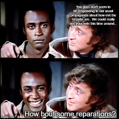 Democrats be like | You guys don't seem to be responding to our usual propaganda about how evil the Repubs are.  We could really use your vote this time around... How bout some reparations? | made w/ Imgflip meme maker