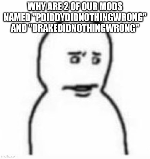 who brainrotted my title. | WHY ARE 2 OF OUR MODS NAMED "PDIDDYDIDNOTHINGWRONG" AND "DRAKEDIDNOTHINGWRONG" | image tagged in excuse me | made w/ Imgflip meme maker