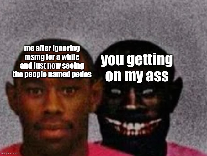 Good Tyler and Bad Tyler | me after ignoring msmg for a while and just now seeing the people named pedos you getting on my ass | image tagged in good tyler and bad tyler | made w/ Imgflip meme maker