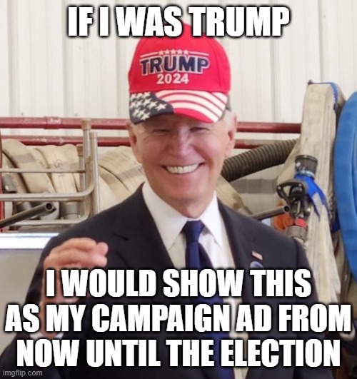 Biden Trump Hat | IF I WAS TRUMP; I WOULD SHOW THIS AS MY CAMPAIGN AD FROM NOW UNTIL THE ELECTION | image tagged in biden trump hat | made w/ Imgflip meme maker