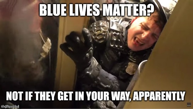 January 6th, Capitol police crushed by tourists | BLUE LIVES MATTER? NOT IF THEY GET IN YOUR WAY, APPARENTLY | image tagged in january 6th capitol police crushed by tourists | made w/ Imgflip meme maker