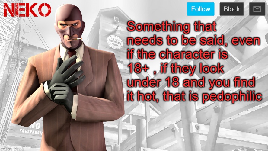 Like Gawr Gura is like 10K year or smh, but that looks like a fucking child | Something that needs to be said, even if the character is 18+ , if they look under 18 and you find it hot, that is pedophilic | image tagged in neko spy template | made w/ Imgflip meme maker