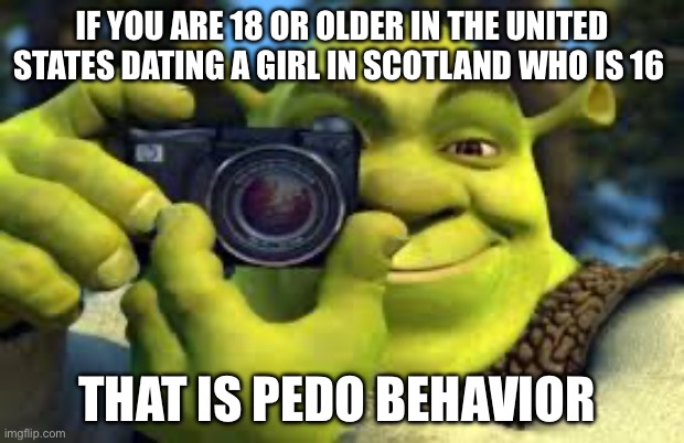 Because in the untied states you turn into an adult when ur 18 | IF YOU ARE 18 OR OLDER IN THE UNITED STATES DATING A GIRL IN SCOTLAND WHO IS 16; THAT IS PEDO BEHAVIOR | image tagged in shrek 4k | made w/ Imgflip meme maker