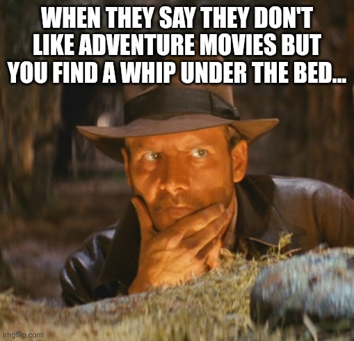 I've got a bad feeling about this | WHEN THEY SAY THEY DON'T LIKE ADVENTURE MOVIES BUT YOU FIND A WHIP UNDER THE BED... | image tagged in indiana jones,indiana,whip,adventure,movies,memes | made w/ Imgflip meme maker