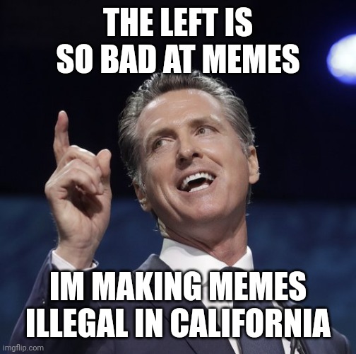 Gavin newsom | THE LEFT IS SO BAD AT MEMES; IM MAKING MEMES ILLEGAL IN CALIFORNIA | image tagged in gavin newsom | made w/ Imgflip meme maker