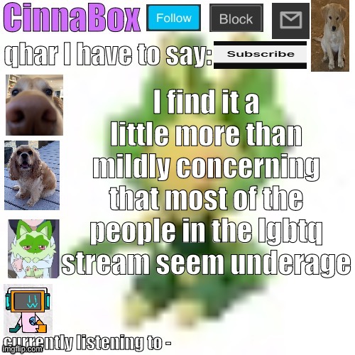 CinnaBox’s 144p Leavanny temp | I find it a little more than mildly concerning that most of the people in the lgbtq stream seem underage | image tagged in cinnabox s 144p leavanny temp | made w/ Imgflip meme maker