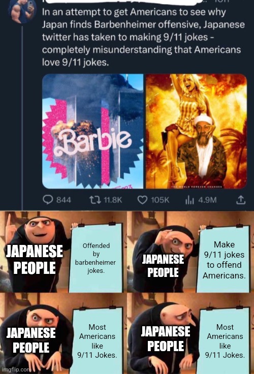 Offended by barbenheimer 
jokes. Make 9/11 jokes to offend Americans. JAPANESE
PEOPLE; JAPANESE
PEOPLE; Most Americans like 9/11 Jokes. Most Americans like 9/11 Jokes. JAPANESE
PEOPLE; JAPANESE
PEOPLE | image tagged in memes,gru's plan | made w/ Imgflip meme maker