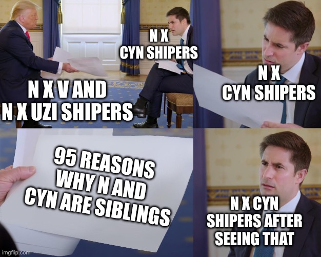 N x v and n x uzi need your help | N X CYN SHIPERS; N X CYN SHIPERS; N X V AND N X UZI SHIPERS; 95 REASONS WHY N AND CYN ARE SIBLINGS; N X CYN SHIPERS AFTER SEEING THAT | image tagged in trump interview,murder drones | made w/ Imgflip meme maker