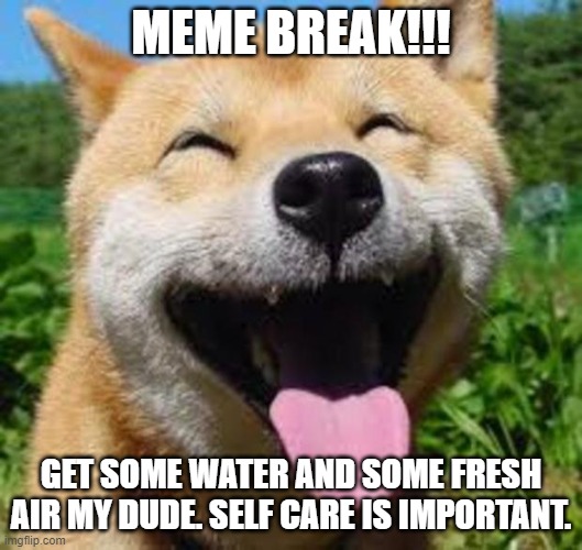 Listen to the doge. | MEME BREAK!!! GET SOME WATER AND SOME FRESH AIR MY DUDE. SELF CARE IS IMPORTANT. | image tagged in happy doge | made w/ Imgflip meme maker