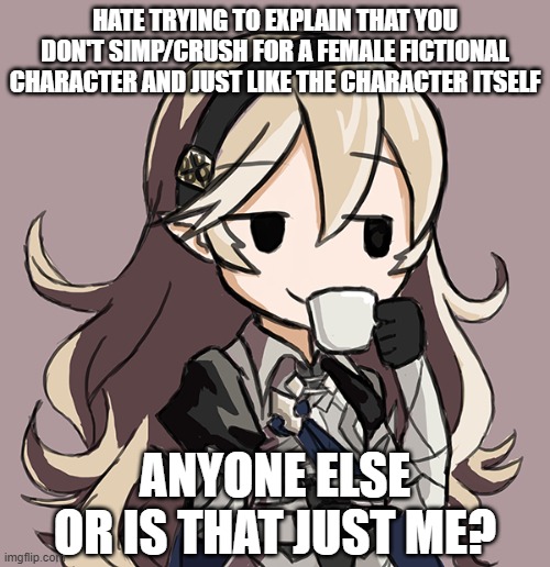 Corrin Being Smug While Drinking Tea | HATE TRYING TO EXPLAIN THAT YOU DON'T SIMP/CRUSH FOR A FEMALE FICTIONAL CHARACTER AND JUST LIKE THE CHARACTER ITSELF; ANYONE ELSE OR IS THAT JUST ME? | image tagged in corrin being smug while drinking tea | made w/ Imgflip meme maker