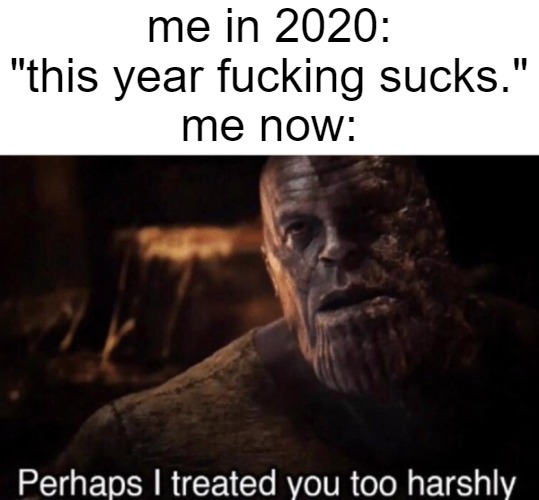 2024 sucks 4 times more ass than 2020 ever did, istfg shit went downhill after harambe got shot | me in 2020: "this year fucking sucks."
me now: | image tagged in perhaps i treated you too harshly | made w/ Imgflip meme maker