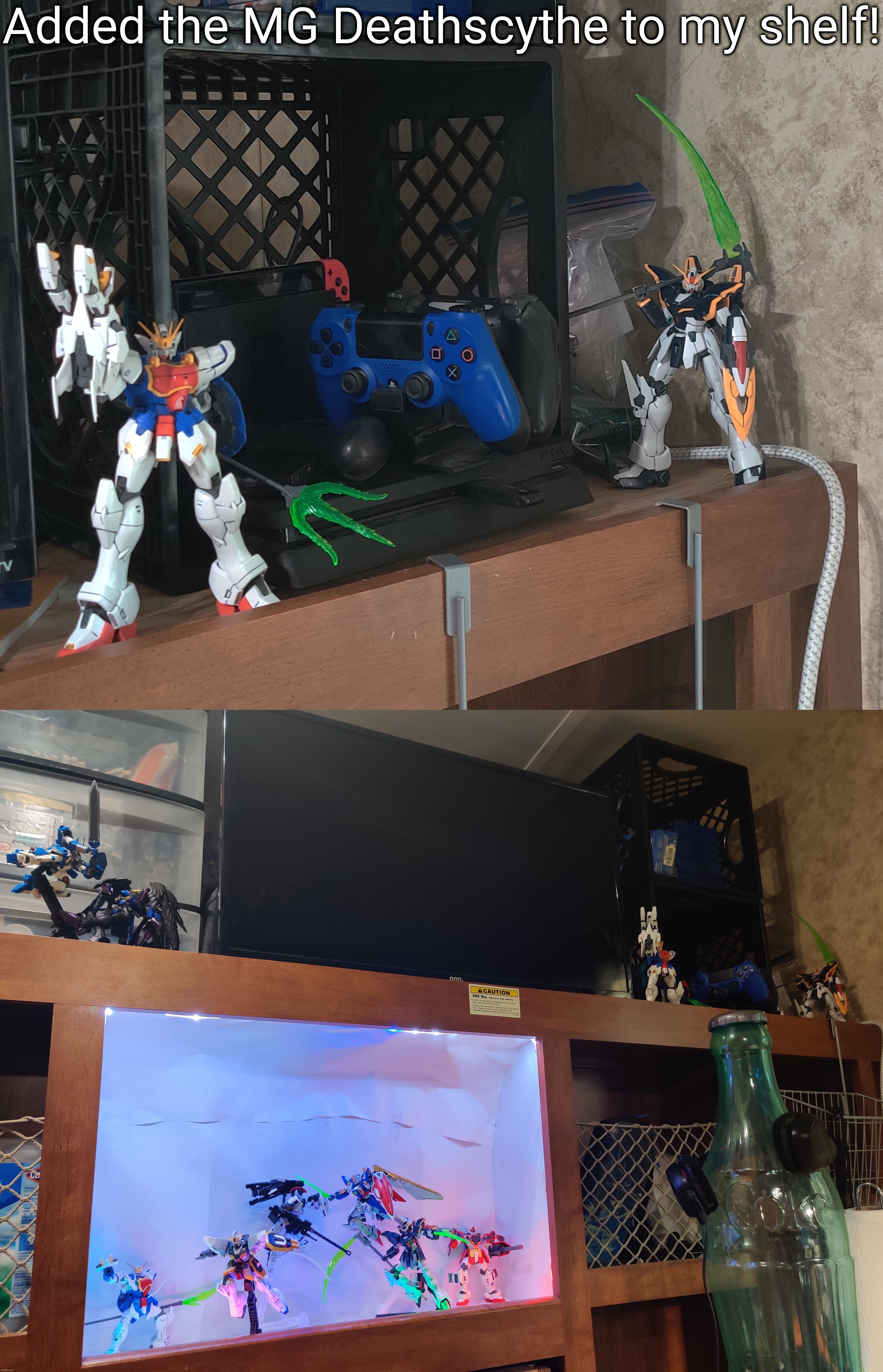 Idk why it looks so much brighter in the first picture, I don't think I had my other light on | Added the MG Deathscythe to my shelf! | made w/ Imgflip meme maker