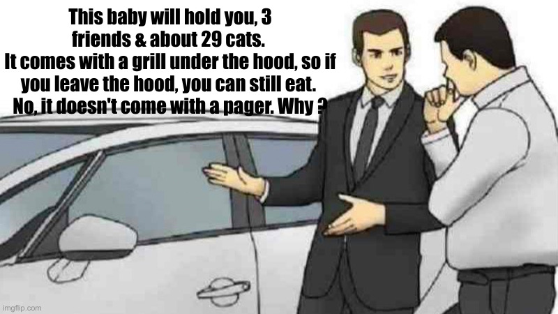 The Broaster 5000 | This baby will hold you, 3 friends & about 29 cats. 
It comes with a grill under the hood, so if you leave the hood, you can still eat. 
No, it doesn't come with a pager. Why ? | image tagged in memes,car salesman slaps roof of car,political meme,politics,funny memes,funny | made w/ Imgflip meme maker