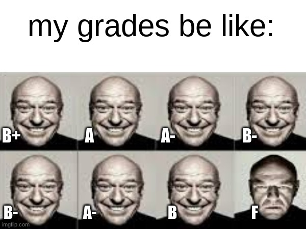 there's just always a sore thumb in those books. | my grades be like:; B+                     A                      A-                      B-; B-                      A-                        B                         F | image tagged in dean norris's reaction,hank schrader,grades,school,relatable,memes | made w/ Imgflip meme maker