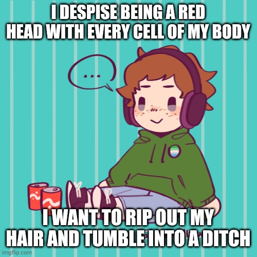 :)))) | I DESPISE BEING A RED HEAD WITH EVERY CELL OF MY BODY; I WANT TO RIP OUT MY HAIR AND TUMBLE INTO A DITCH | image tagged in yesbecauseyes's temp | made w/ Imgflip meme maker