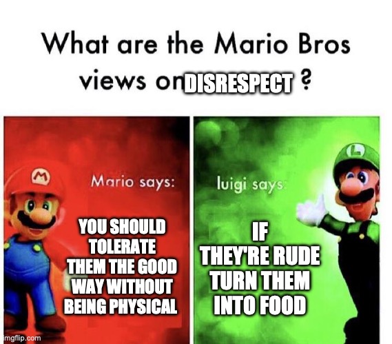 Mario Bros Views | DISRESPECT; YOU SHOULD TOLERATE THEM THE GOOD WAY WITHOUT BEING PHYSICAL; IF THEY'RE RUDE TURN THEM INTO FOOD | image tagged in mario bros views | made w/ Imgflip meme maker