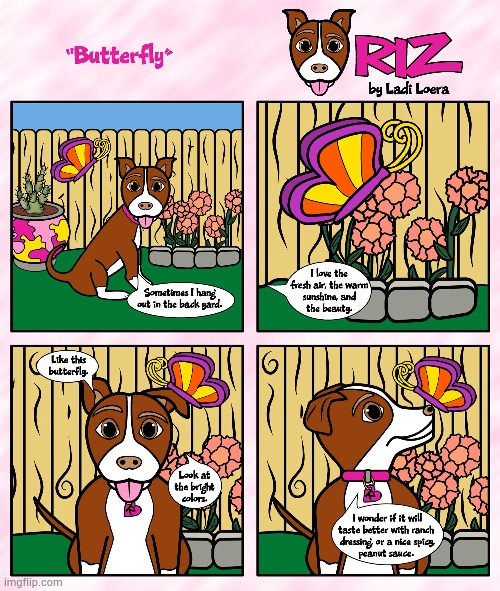 image tagged in memes,comics/cartoons,dog,hanging out,butterfly,sauce | made w/ Imgflip meme maker