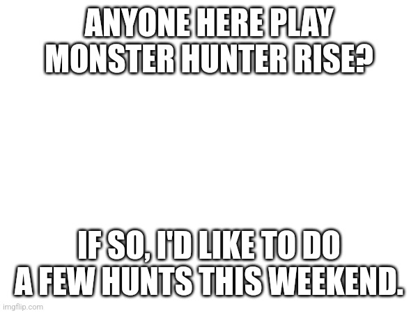 I run the horn, and am willing to help get hunter ranks up. | ANYONE HERE PLAY MONSTER HUNTER RISE? IF SO, I'D LIKE TO DO A FEW HUNTS THIS WEEKEND. | made w/ Imgflip meme maker