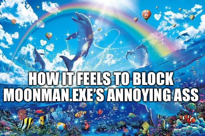 Happy dolphin rainbow | HOW IT FEELS TO BLOCK MOONMAN.EXE’S ANNOYING ASS | image tagged in happy dolphin rainbow | made w/ Imgflip meme maker
