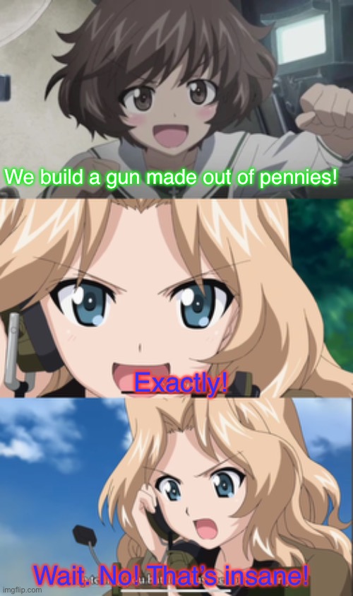 Floof and Kay’s plan | We build a gun made out of pennies! Exactly! Wait. No! That’s insane! | image tagged in girls und panzer,venture bros,meme,parody,funny,insanity | made w/ Imgflip meme maker