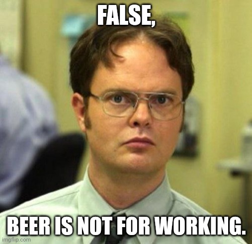 False | FALSE, BEER IS NOT FOR WORKING. | image tagged in false | made w/ Imgflip meme maker