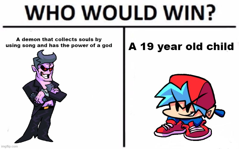 I got bored | A demon that collects souls by using song and has the power of a god; A 19 year old child | image tagged in memes,who would win | made w/ Imgflip meme maker