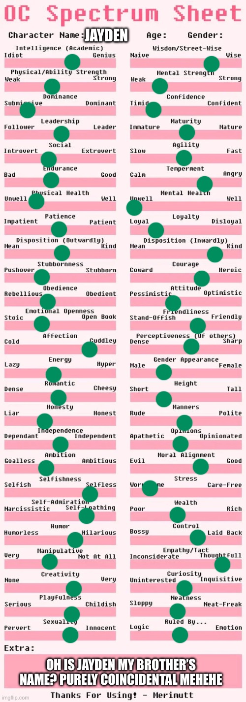 Spectrum sheet | JAYDEN; OH IS JAYDEN MY BROTHER’S NAME? PURELY COINCIDENTAL MEHEHE | image tagged in spectrum sheet | made w/ Imgflip meme maker