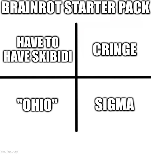 fu | BRAINROT STARTER PACK; CRINGE; HAVE TO HAVE SKIBIDI; "OHIO"; SIGMA | image tagged in memes,blank starter pack | made w/ Imgflip meme maker