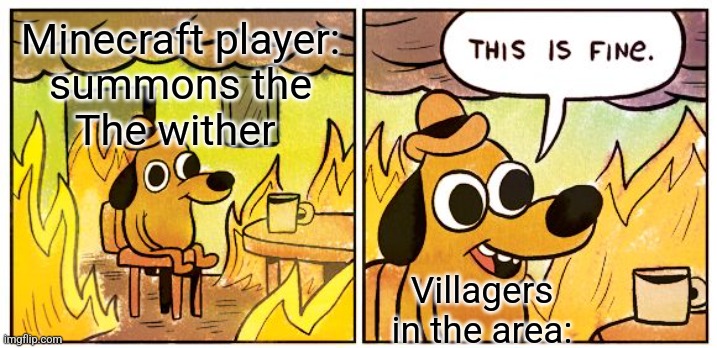 Villagers when the wither is summoned | Minecraft player:
summons the
The wither; Villagers in the area: | image tagged in memes,this is fine | made w/ Imgflip meme maker