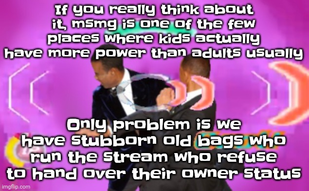 Like bro | If you really think about it, msmg is one of the few places where kids actually have more power than adults usually; Only problem is we have stubborn old bags who run the stream who refuse to hand over their owner status | image tagged in the slappening happy rhythm busters | made w/ Imgflip meme maker