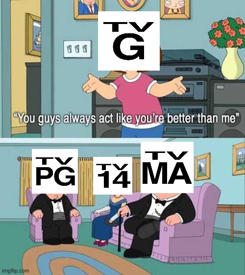 How the Emmys see TV show age ratings | image tagged in you guys always act like you're better than me,tv shows,g,pg,ma,14 | made w/ Imgflip meme maker