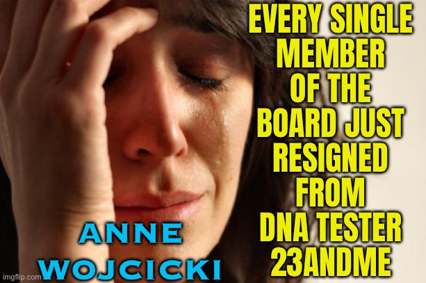 Every Single Member Of The Board Just Resigned From 23andme | EVERY SINGLE
MEMBER
OF THE
BOARD JUST
RESIGNED
FROM
DNA TESTER
23ANDME; ANNE
WOJCICKI | image tagged in memes,first world problems,dna,genetics,corporate greed,because capitalism | made w/ Imgflip meme maker