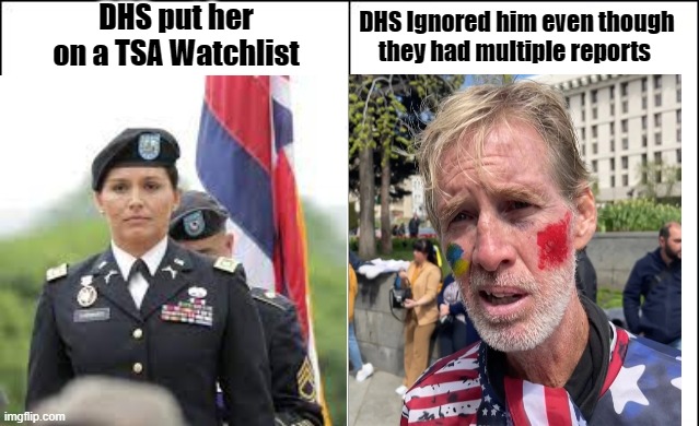 America has become the land of Injustice | DHS put her on a TSA Watchlist; DHS Ignored him even though they had multiple reports | image tagged in tulsi gabbard,ryan routh | made w/ Imgflip meme maker