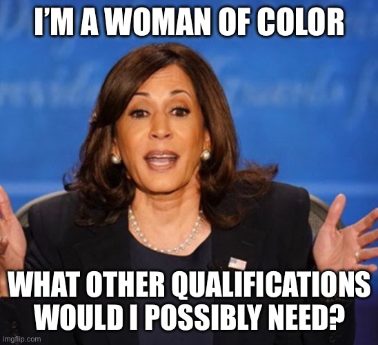 Kamala Harris | I’M A WOMAN OF COLOR WHAT OTHER QUALIFICATIONS WOULD I POSSIBLY NEED? | image tagged in kamala harris | made w/ Imgflip meme maker