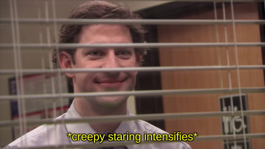 Jim looking through blinds | *creepy staring intensifies* | image tagged in jim looking through blinds | made w/ Imgflip meme maker