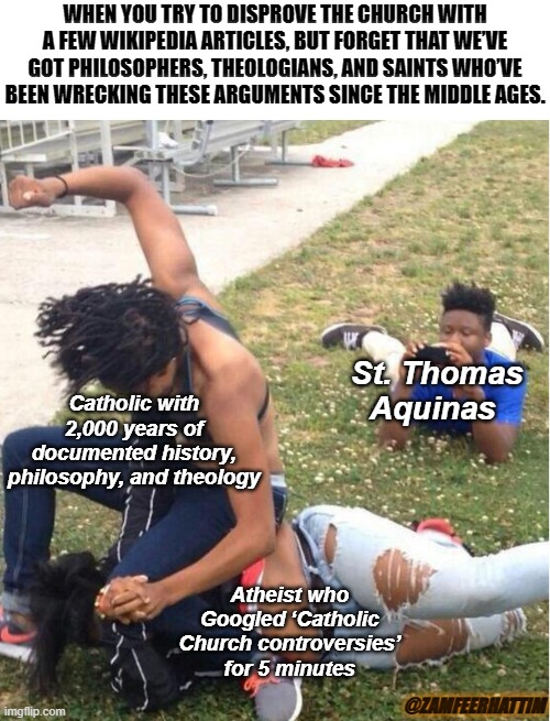 Guy recording a fight | WHEN YOU TRY TO DISPROVE THE CHURCH WITH A FEW WIKIPEDIA ARTICLES, BUT FORGET THAT WE’VE GOT PHILOSOPHERS, THEOLOGIANS, AND SAINTS WHO’VE BEEN WRECKING THESE ARGUMENTS SINCE THE MIDDLE AGES. Catholic with 2,000 years of documented history, philosophy, and theology; St. Thomas Aquinas; Atheist who Googled ‘Catholic Church controversies’ for 5 minutes; @ZAMFEERHATTIM | image tagged in guy recording a fight | made w/ Imgflip meme maker