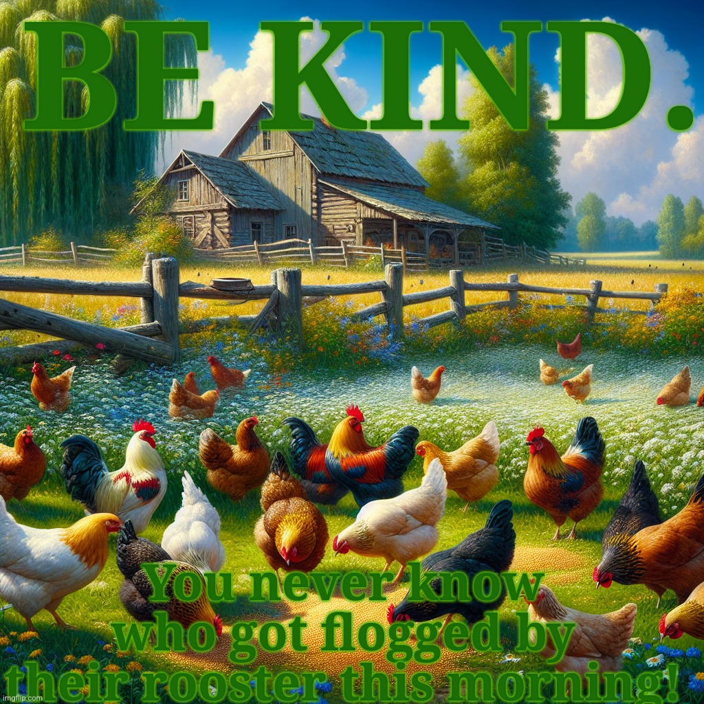 Chickens pastoral scene | BE KIND. You never know who got flogged by their rooster this morning! | image tagged in chickens pastoral scene | made w/ Imgflip meme maker