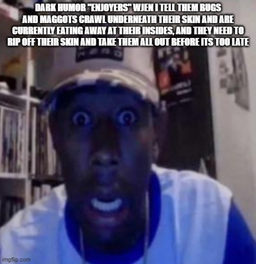 tyler the creator | DARK HUMOR "ENJOYERS" WJEN I TELL THEM BUGS AND MAGGOTS CRAWL UNDERNEATH THEIR SKIN AND ARE CURRENTLY EATING AWAY AT THEIR INSIDES, AND THEY NEED TO RIP OFF THEIR SKIN AND TAKE THEM ALL OUT BEFORE ITS TOO LATE | image tagged in tyler the creator | made w/ Imgflip meme maker