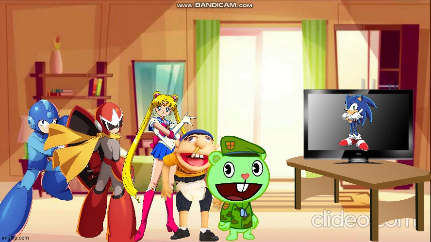 Megaman and Friends watching Sonic X in their house | image tagged in bedroom,megaman,sailor moon,jeffy,happy tree friends,sonic x | made w/ Imgflip meme maker