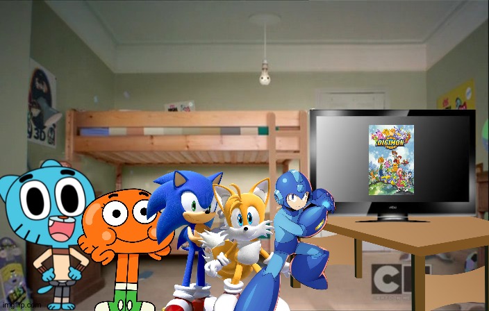 Gumball and Friends watching the Digimon anime | image tagged in tawog backgrounds bedroom,the amazing world of gumball,megaman,sonic the hedgehog,digimon,crossover | made w/ Imgflip meme maker