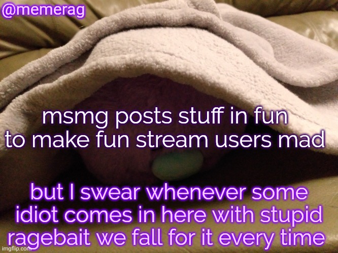 hot take or smth ~ idk | @memerag; msmg posts stuff in fun to make fun stream users mad; but I swear whenever some idiot comes in here with stupid ragebait we fall for it every time | image tagged in memerag moley b announcement template | made w/ Imgflip meme maker