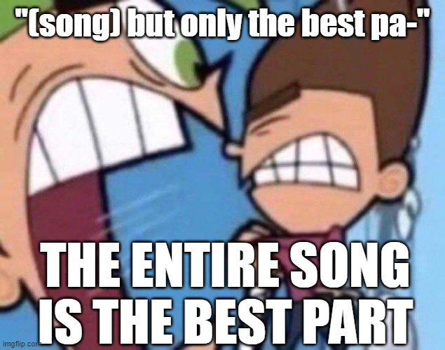 Cosmo yelling at timmy | "(song) but only the best pa-"; THE ENTIRE SONG IS THE BEST PART | image tagged in cosmo yelling at timmy | made w/ Imgflip meme maker