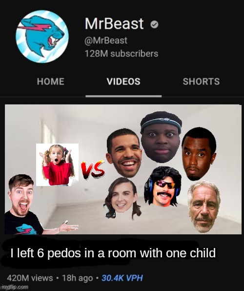 MrBeast thumbnail template | I left 6 pedos in a room with one child | image tagged in mrbeast thumbnail template | made w/ Imgflip meme maker