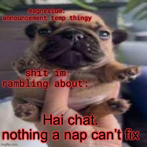 pug temp | Hai chat. nothing a nap can’t fix | image tagged in pug temp | made w/ Imgflip meme maker