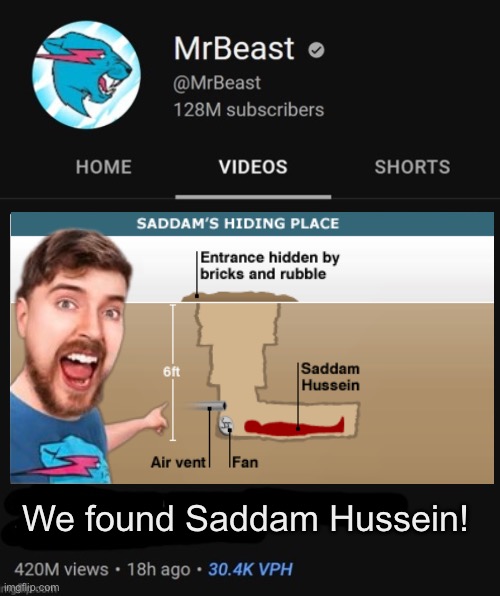 No way guys | We found Saddam Hussein! | image tagged in mrbeast thumbnail template | made w/ Imgflip meme maker